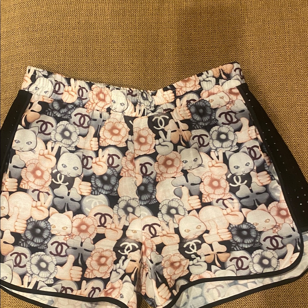Authentic Channel made in Italy silk shorts – Rare Cat, Emoji & Camellia Print